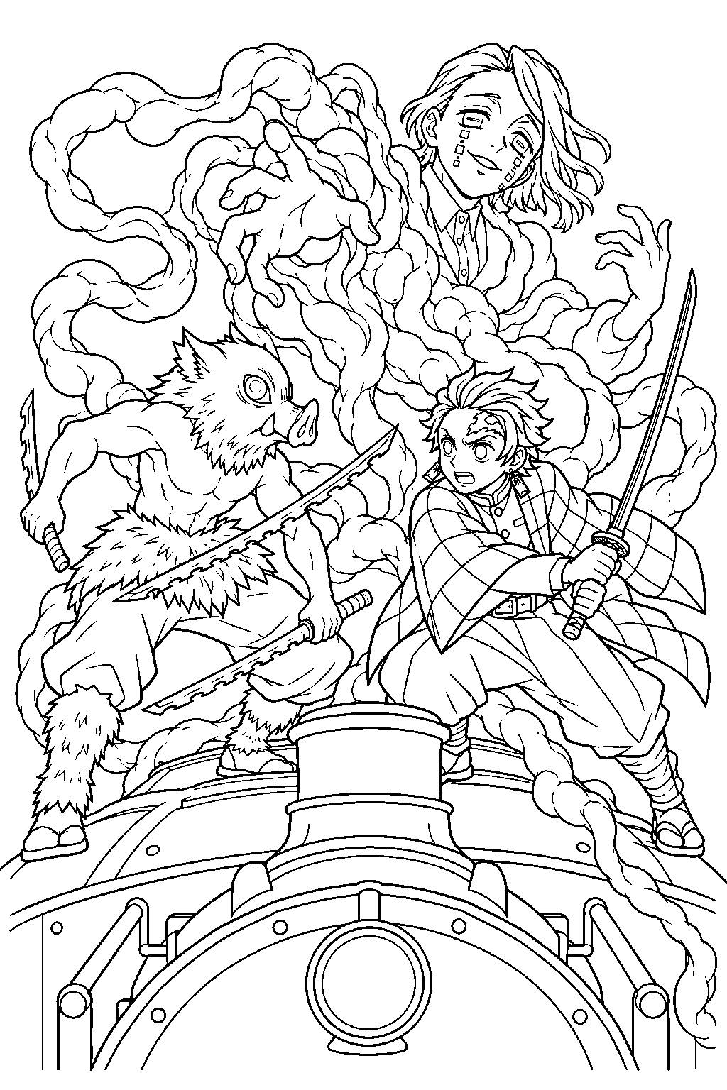inosuke and tanjiro battling enmu above the mugen train engine line art