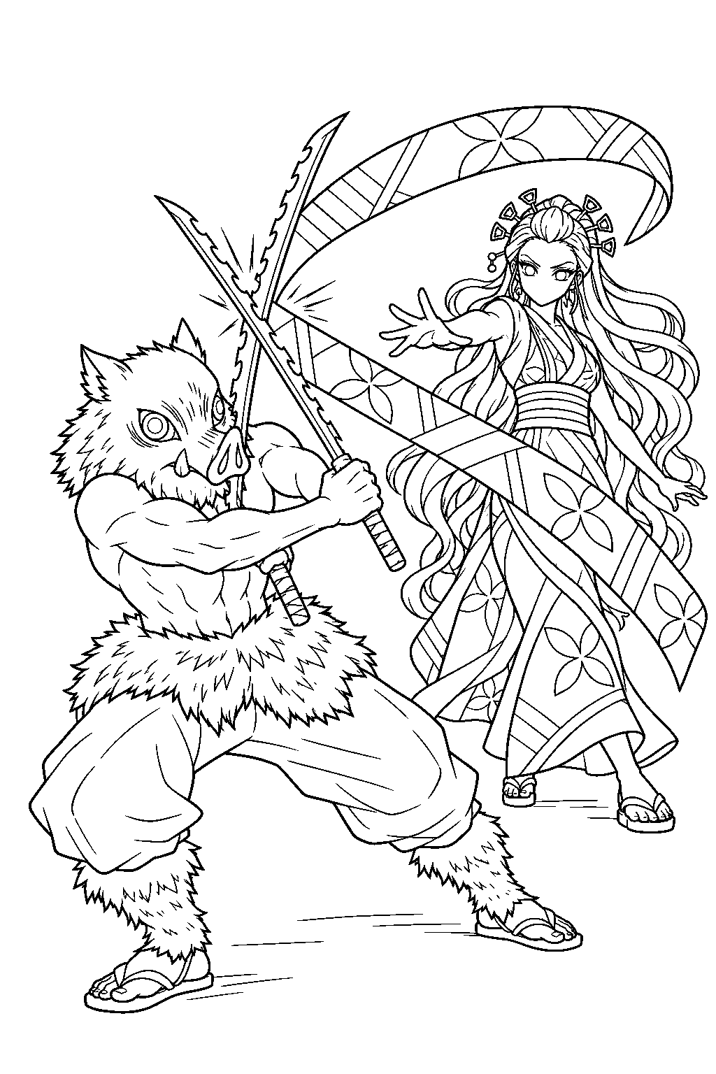 inosuke blocking daki s attacking obi with both nichirin swords line art