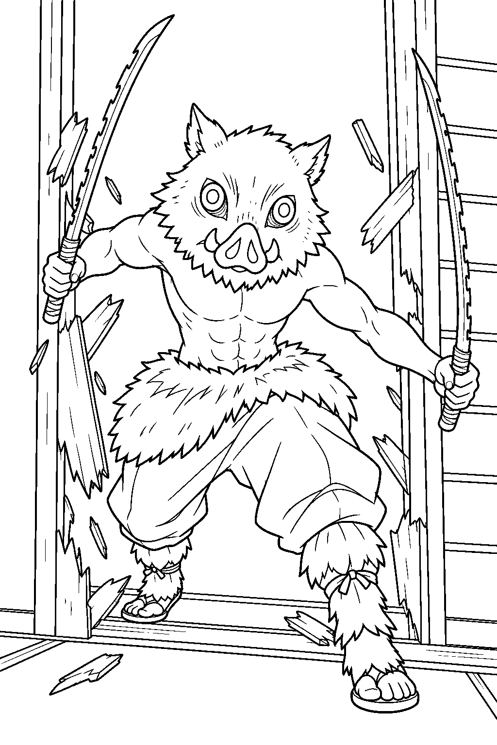 inosuke breaking through a wooden door inside the tsuzumi mansion line art