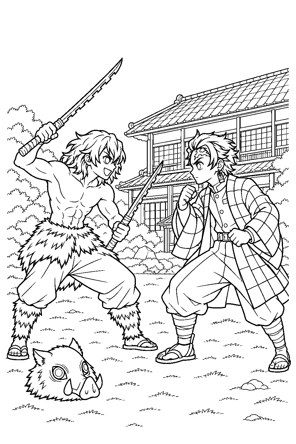 inosuke challenging tanjiro outside the tsuzumi mansion line art