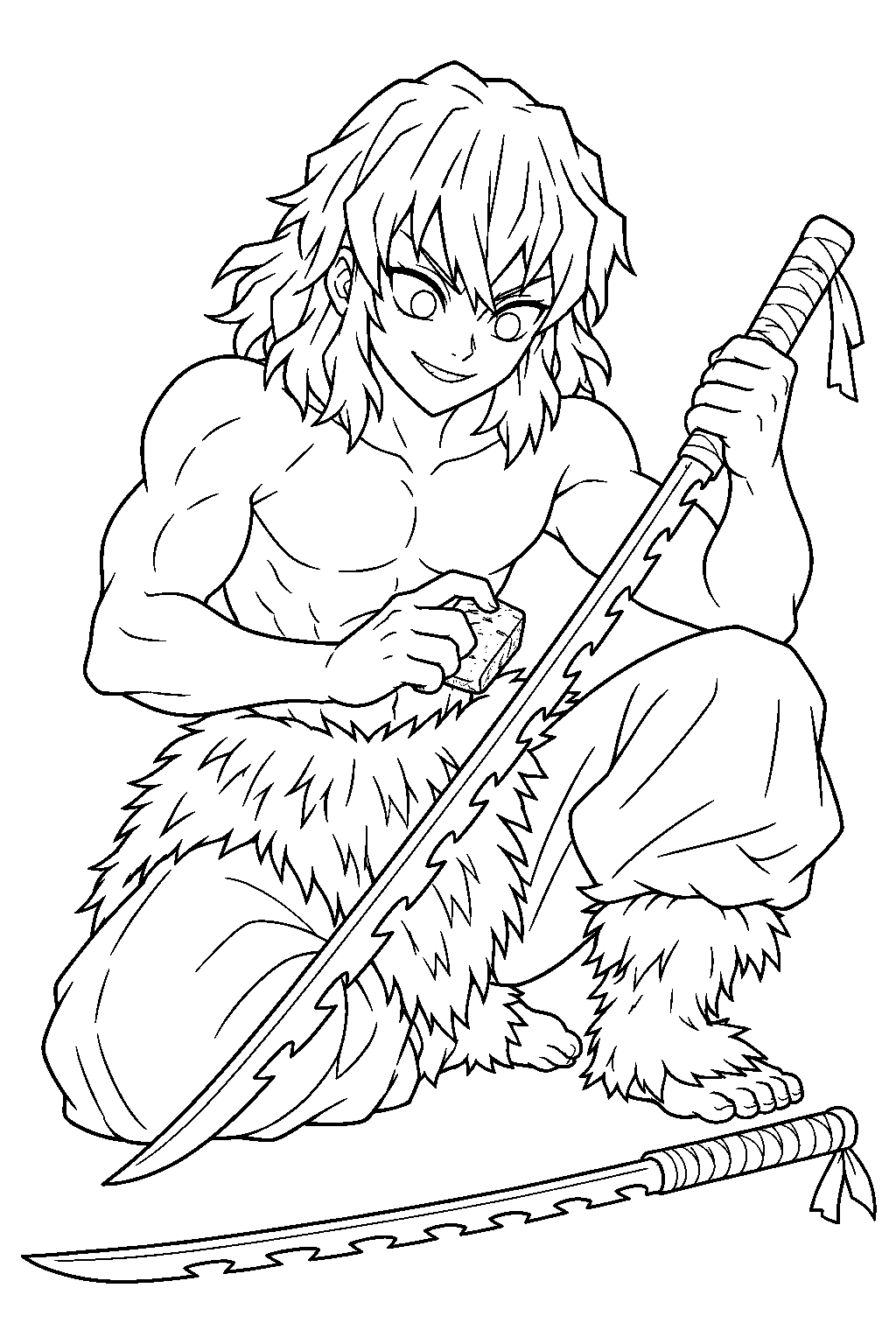 inosuke chipping his new nichirin swords with a stone line art