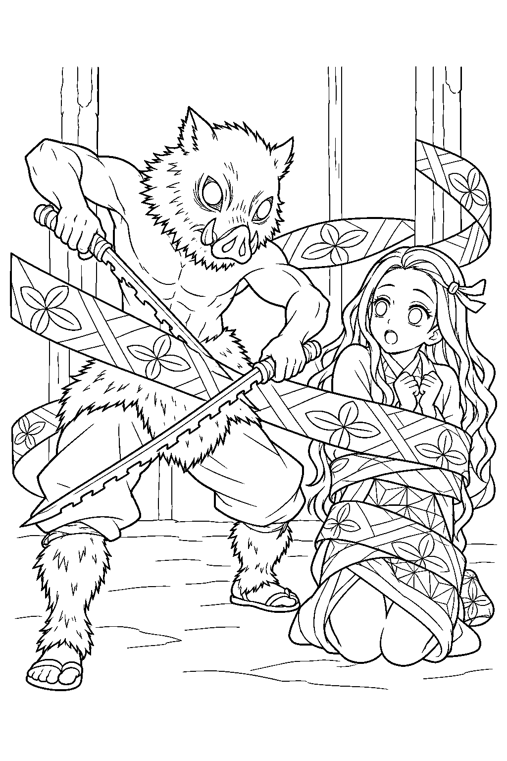inosuke cutting daki s obi to captive people in the underground lair line art