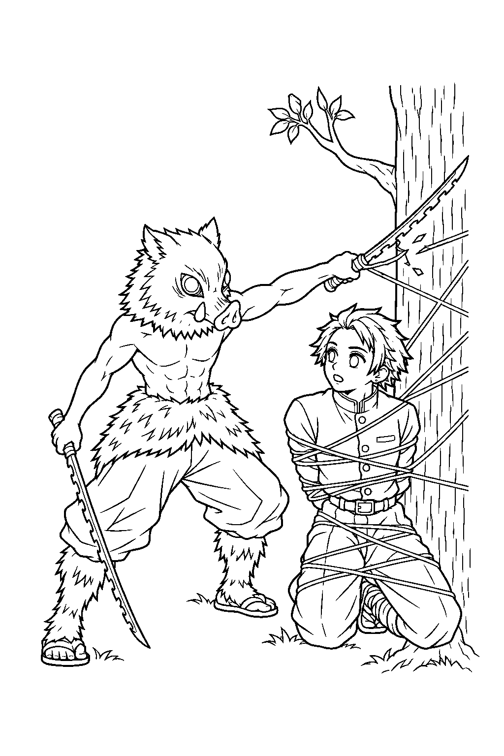 inosuke cutting spider threads to a trapped demon slayer line art