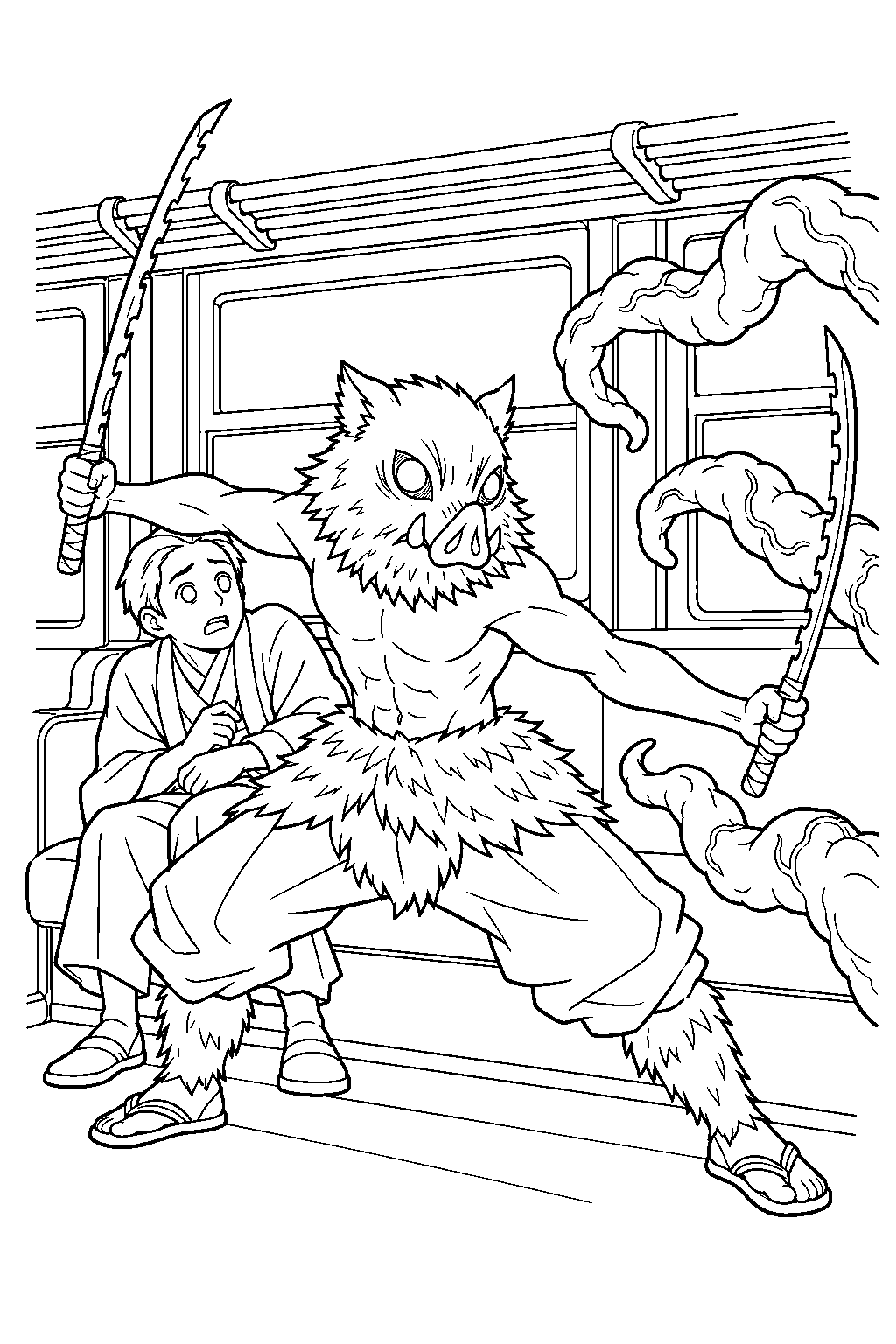 inosuke defending a train passenger from enmu s tentacles line art