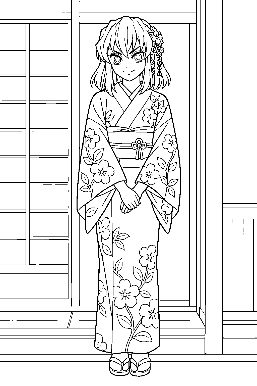 inosuke disguised as inoko in a kimono at the ogimoto house line art
