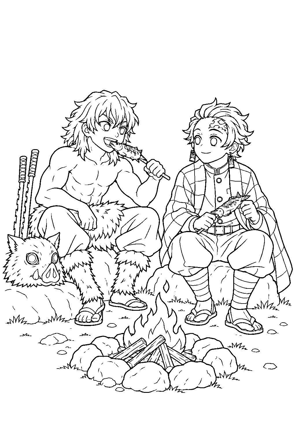 inosuke eating grilled fish with tanjiro at gyomei himejima s training camp line art