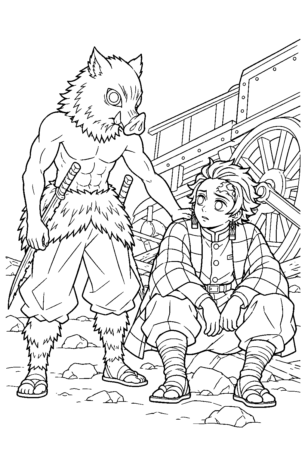 inosuke encouraging tanjiro beside the derailed mugen train line art