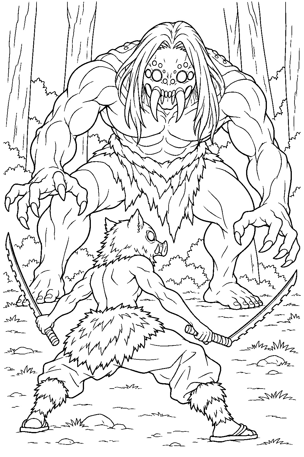 inosuke facing the father spider demon in natagumo forest line art
