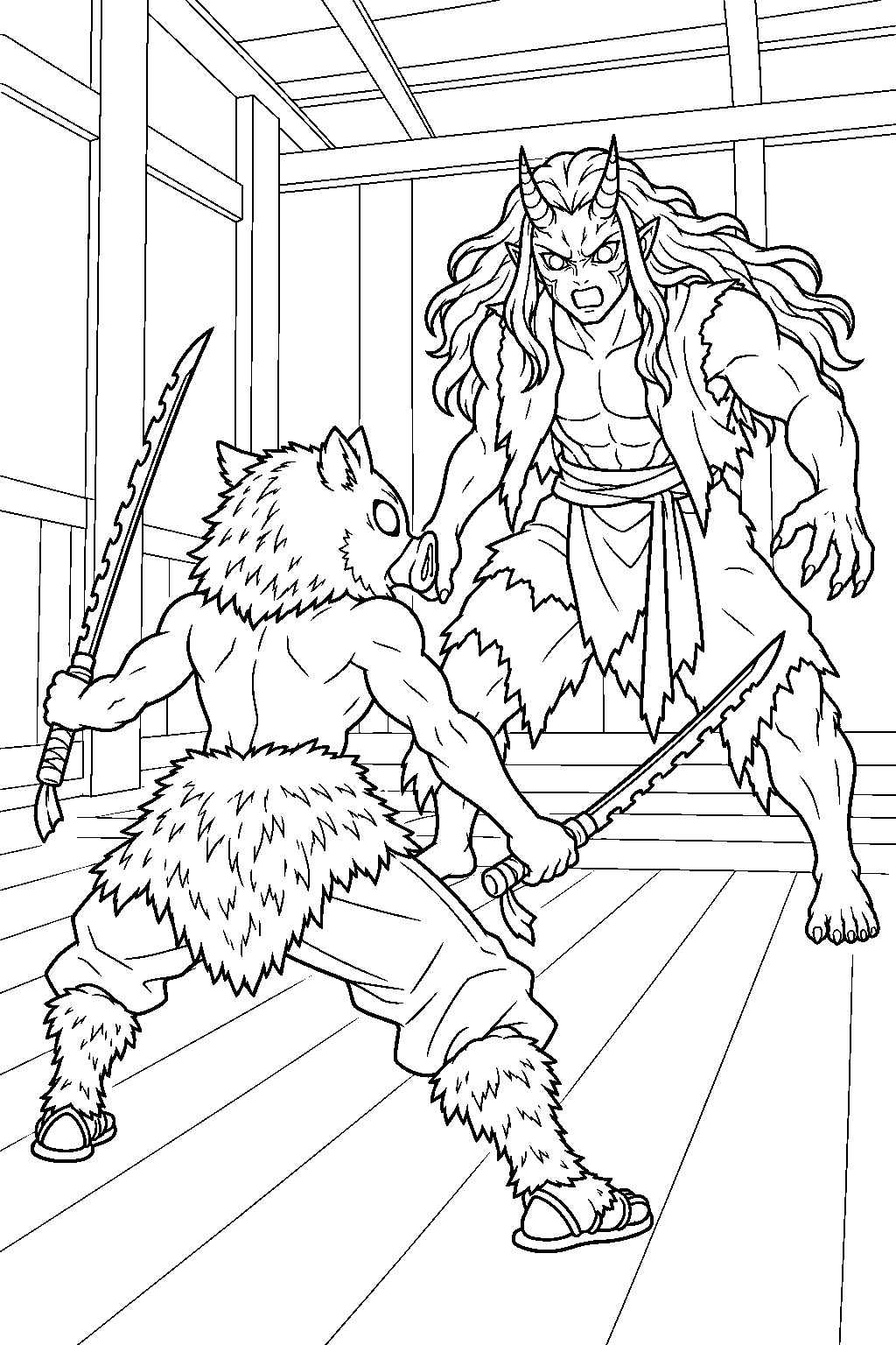 inosuke facing the horned demon inside the tsuzumi mansion line art