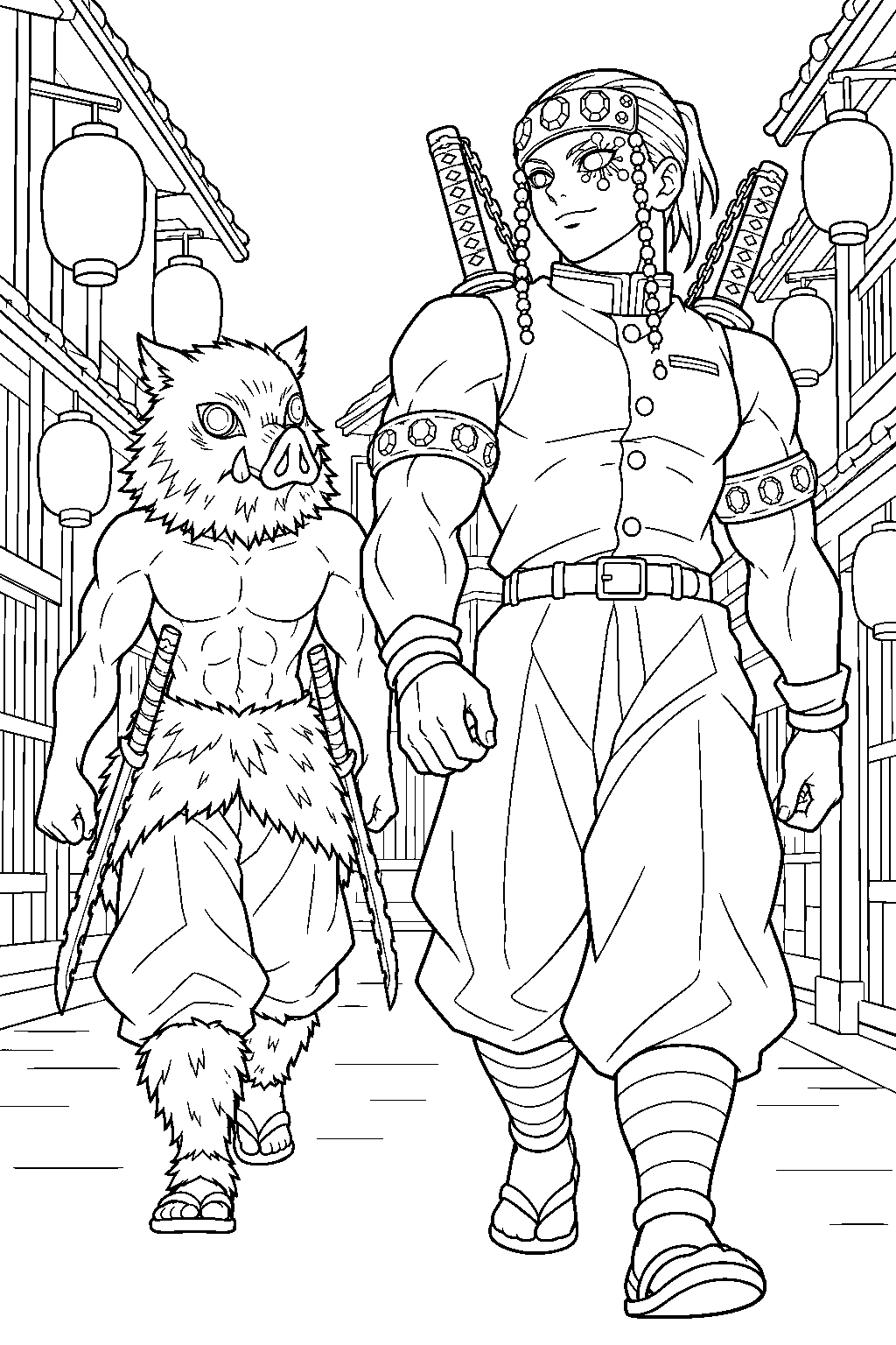 inosuke following tengen uzui through the lantern lit entertainment district line art