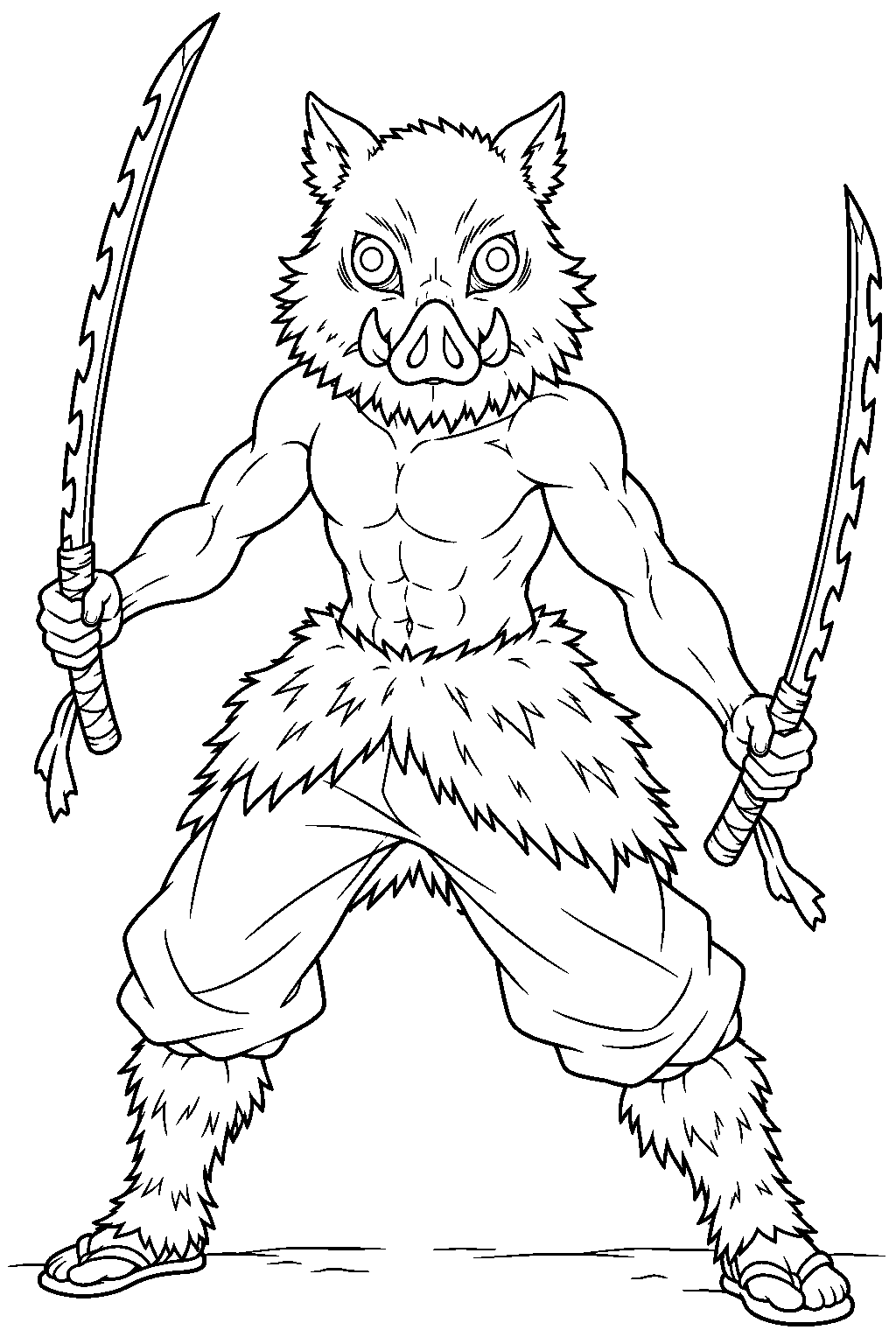 inosuke hashibira wearing his boar mask with two jagged nichirin swords line art