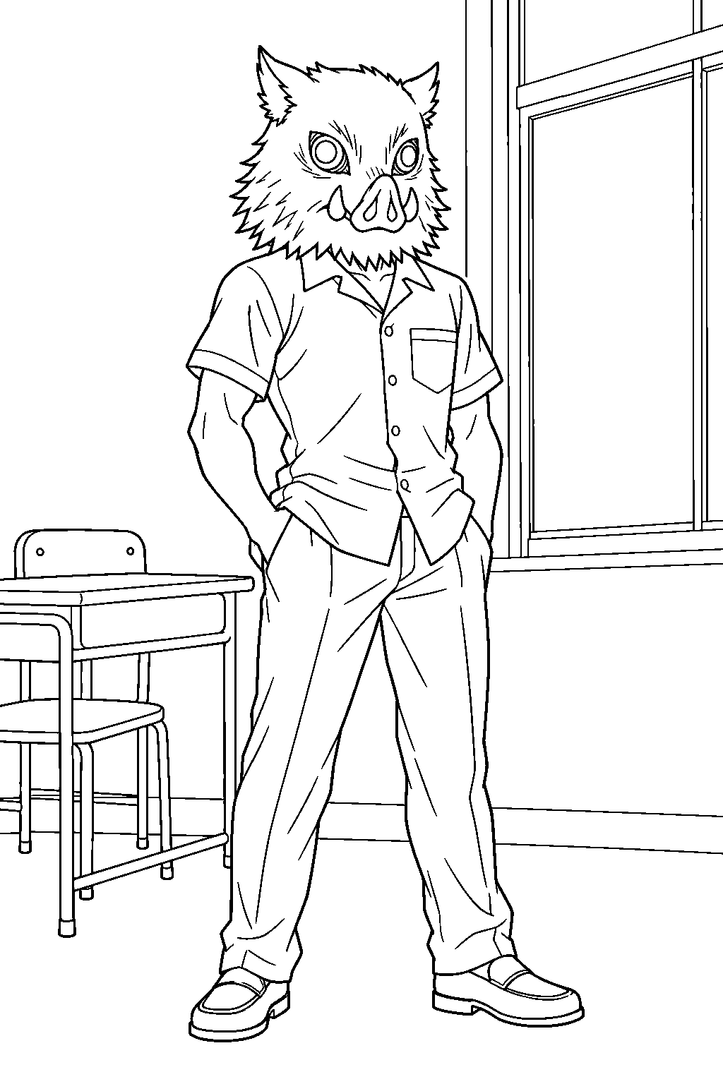 inosuke hashibira wearing his kimetsu academy summer school uniform line art