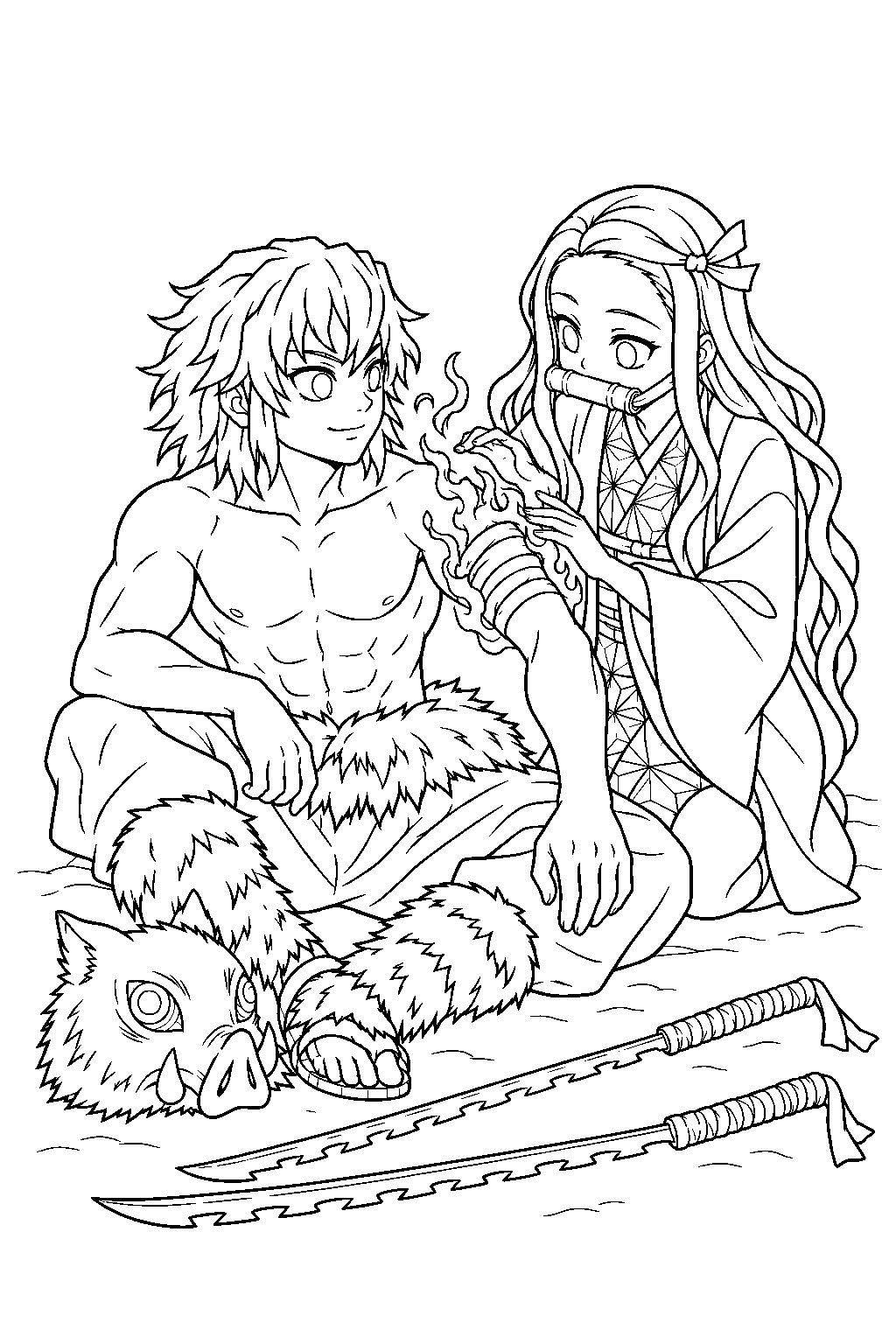 inosuke having gyutaro s poison burned away by nezuko s flames line art
