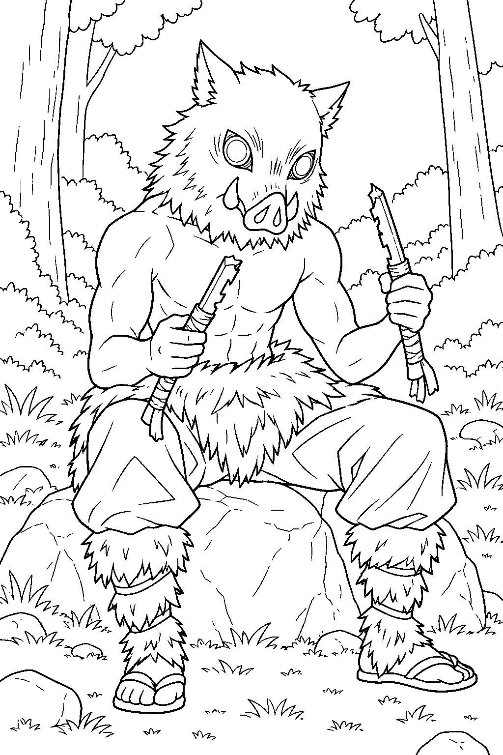inosuke inspecting his broken nichirin swords after the spider demon battle line art