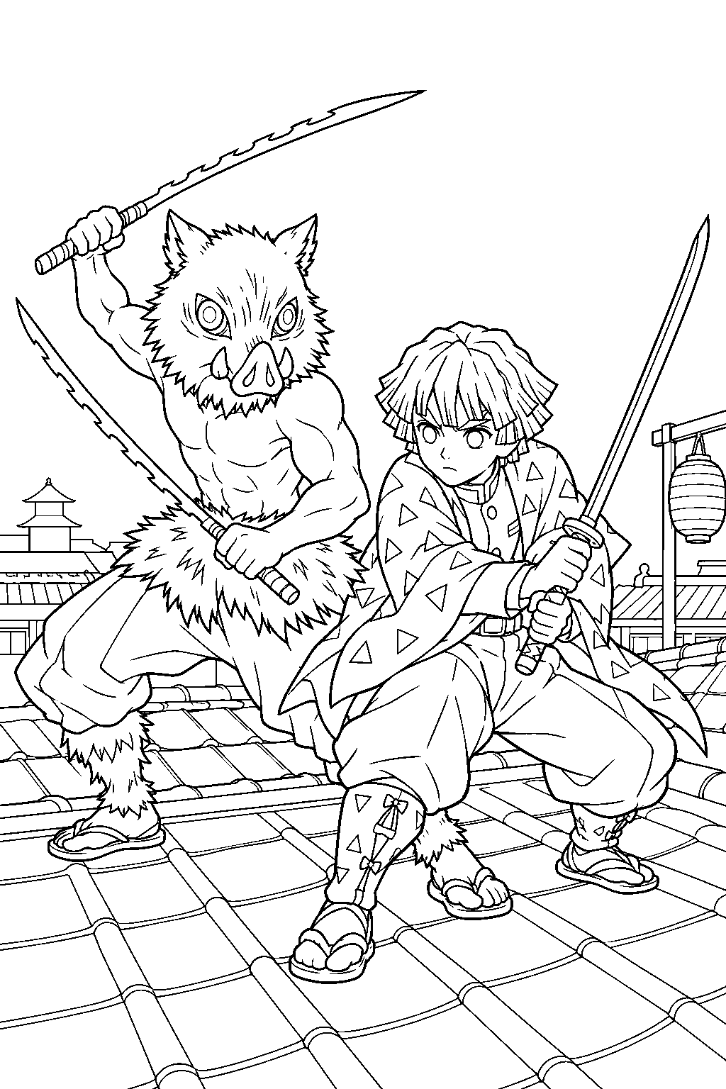 inosuke joining zenitsu on an entertainment district rooftop line art