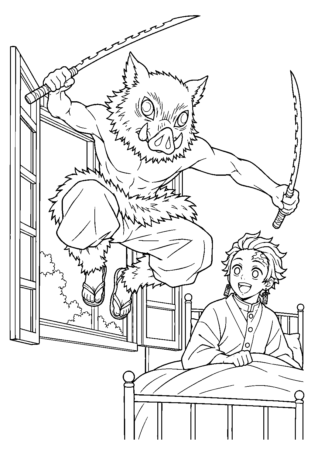 inosuke jumping through tanjiro s bedroom window at the butterfly mansion line art
