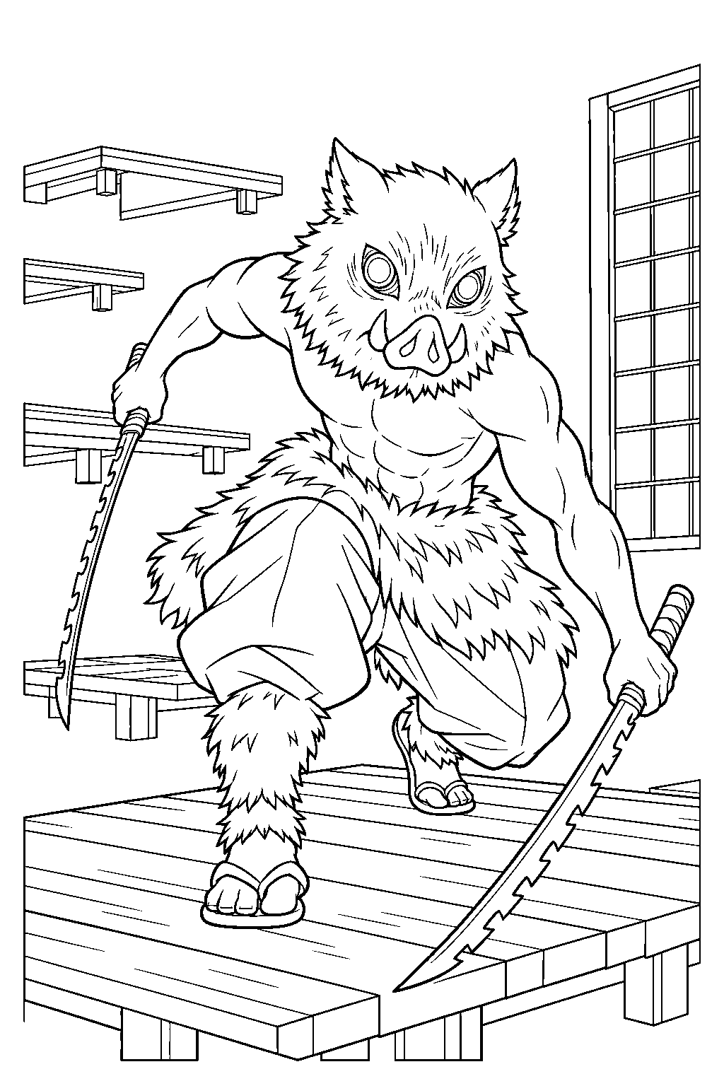 inosuke landing on a wooden platform inside the infinity castle line art