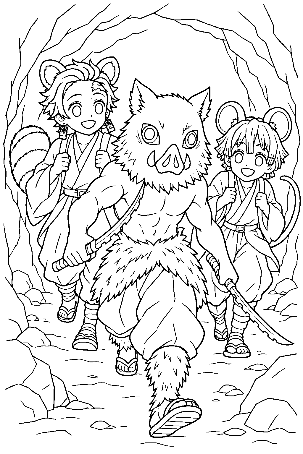 inosuke leading his animal costumed friends through a cave in his mugen train dream line art