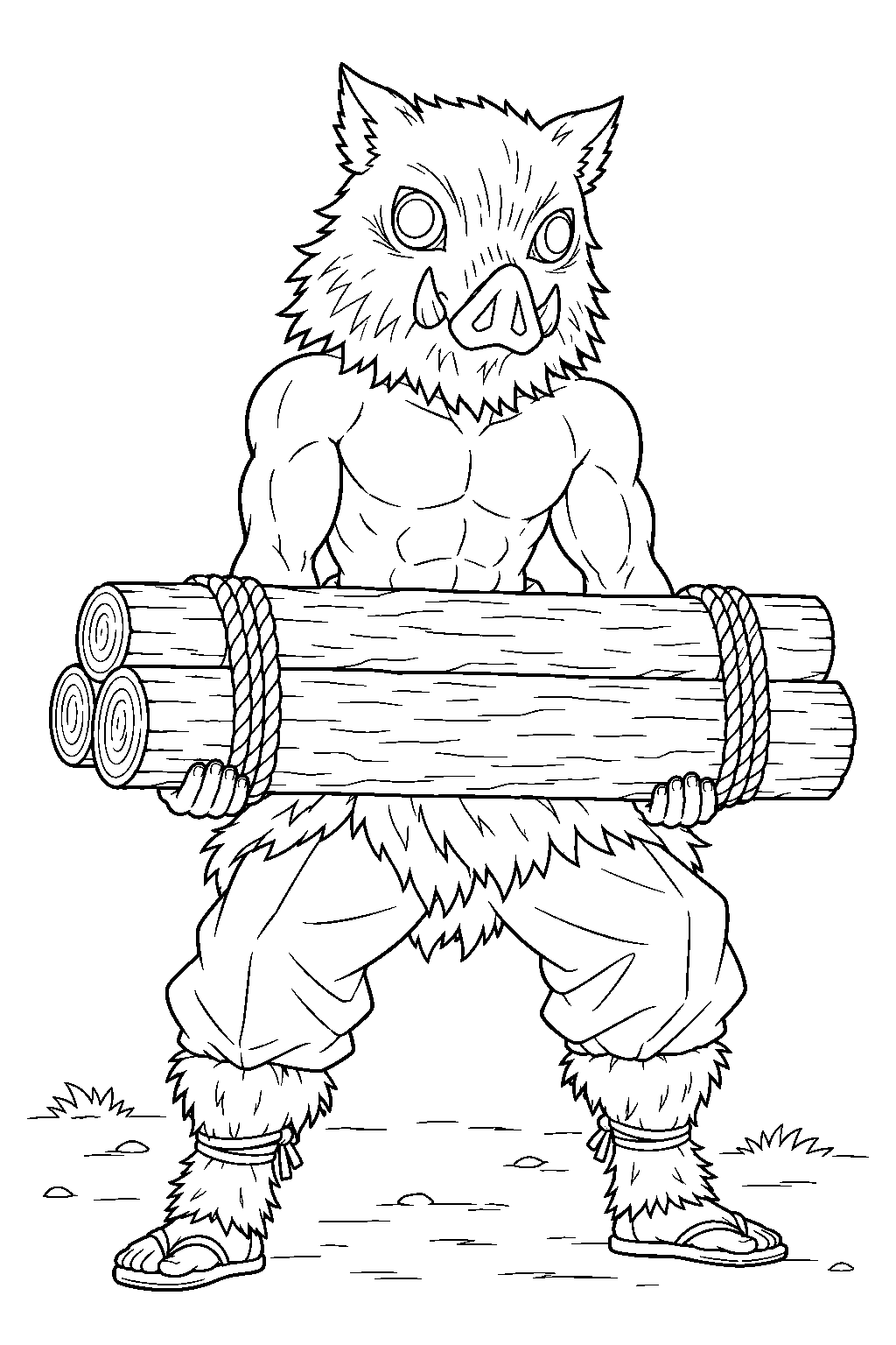 inosuke lifting a bundle of training logs at gyomei himejima s camp line art