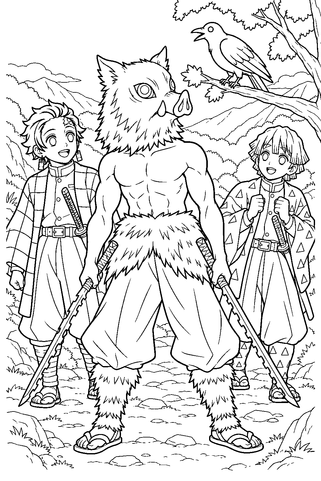 inosuke listening to a kasugai crow beside tanjiro and zenitsu line art