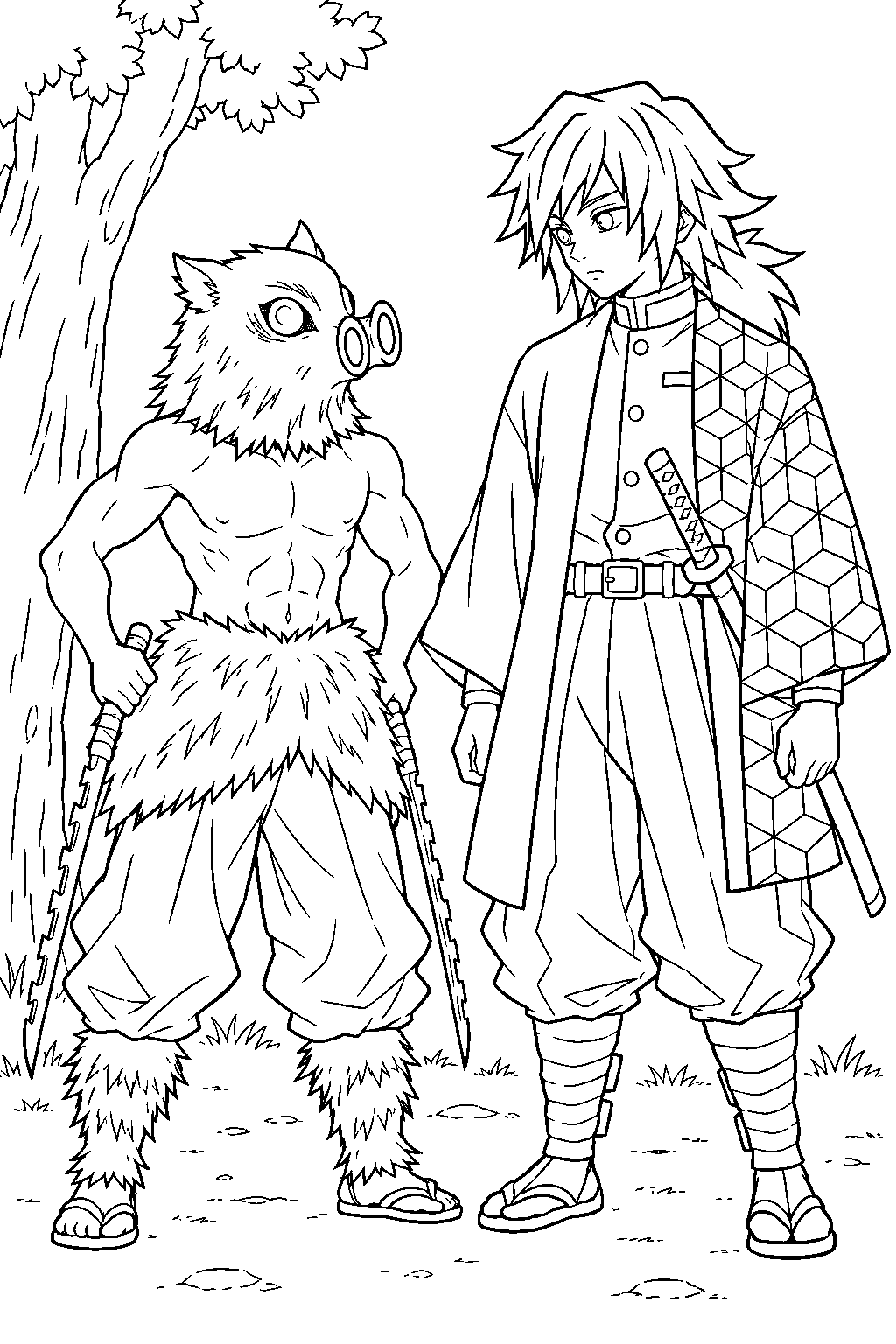 inosuke meeting giyu tomioka after his rescue on mount natagumo line art