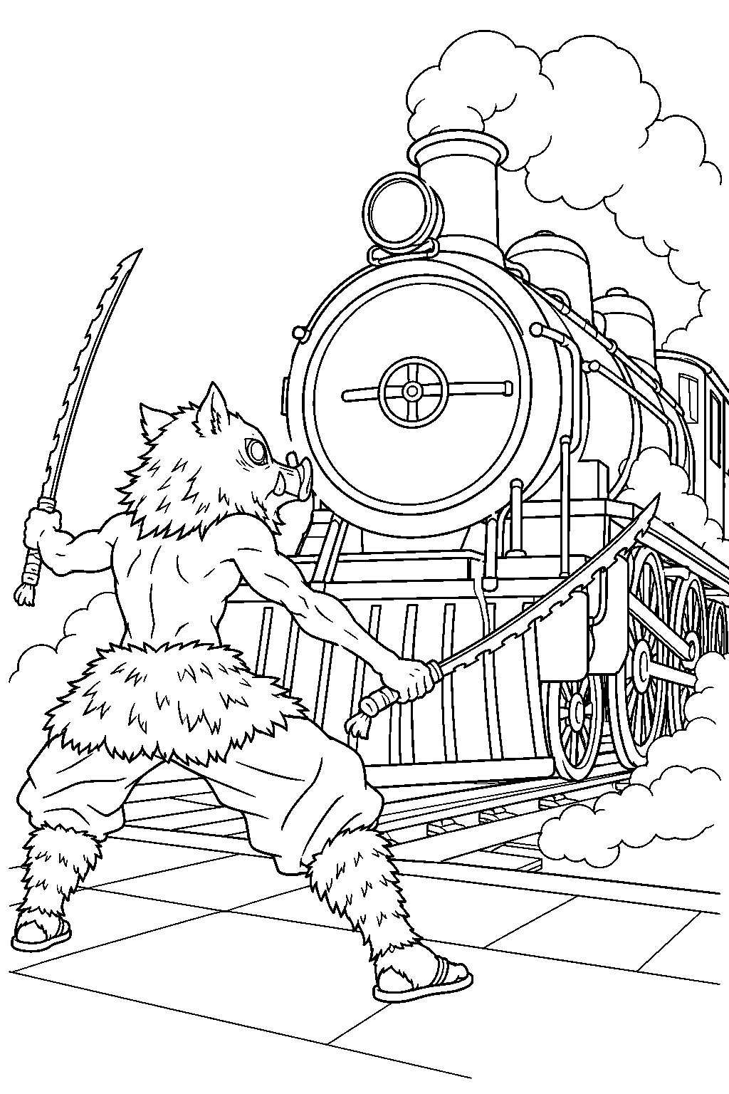 inosuke mistaking the mugen train for a giant beast line art