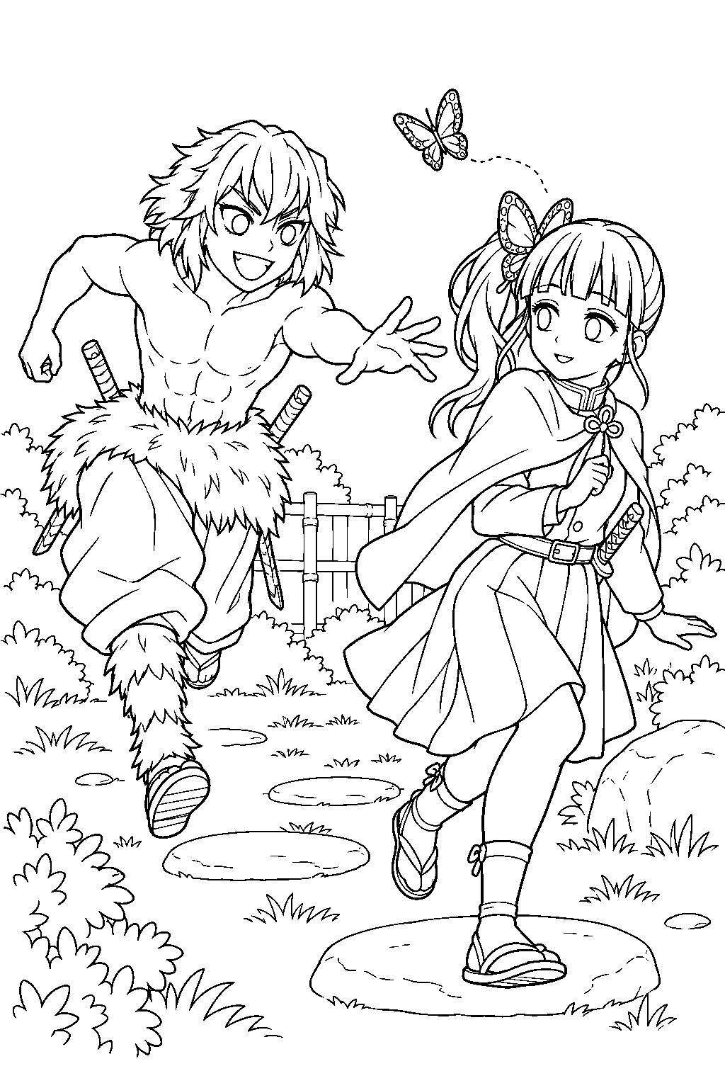 inosuke playing rehabilitation tag with kanao in the butterfly mansion garden line art
