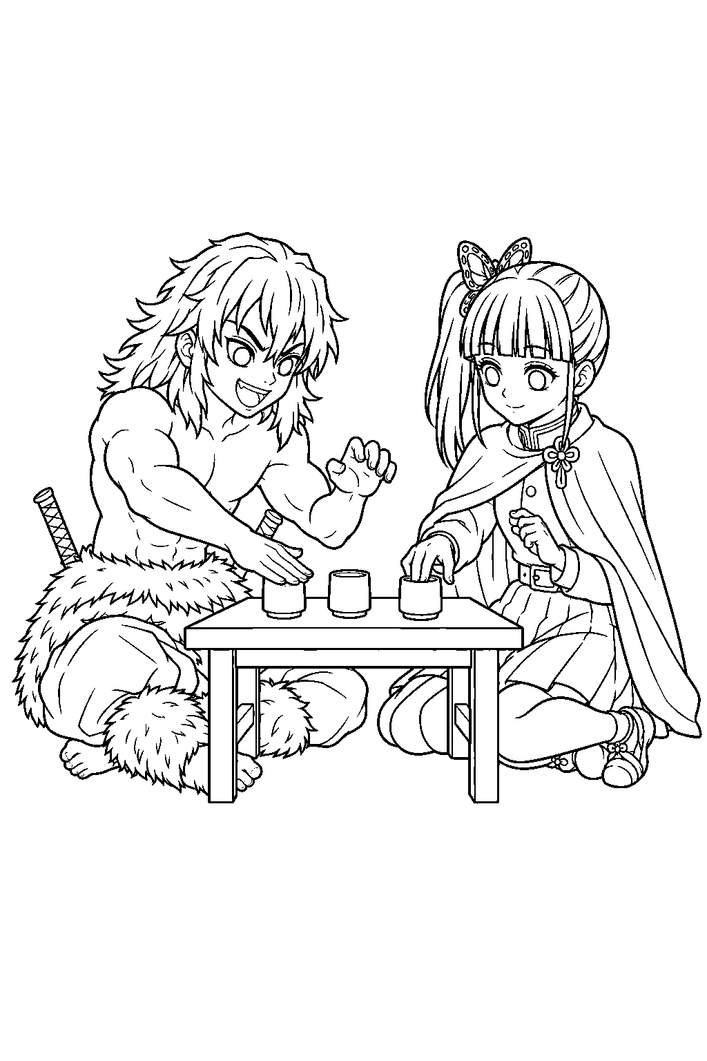 inosuke practicing reflexes with kanao and medicine cups line art