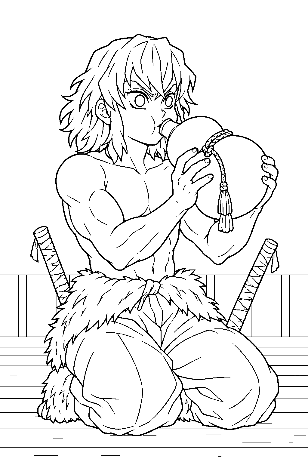 inosuke practicing total concentration breathing with a training gourd line art
