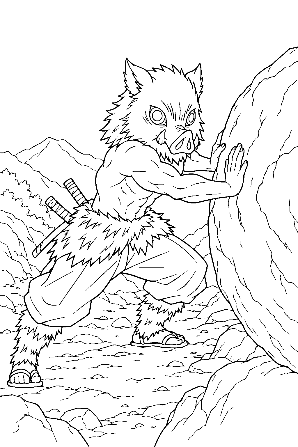 inosuke pushing a large boulder during hashira training line art