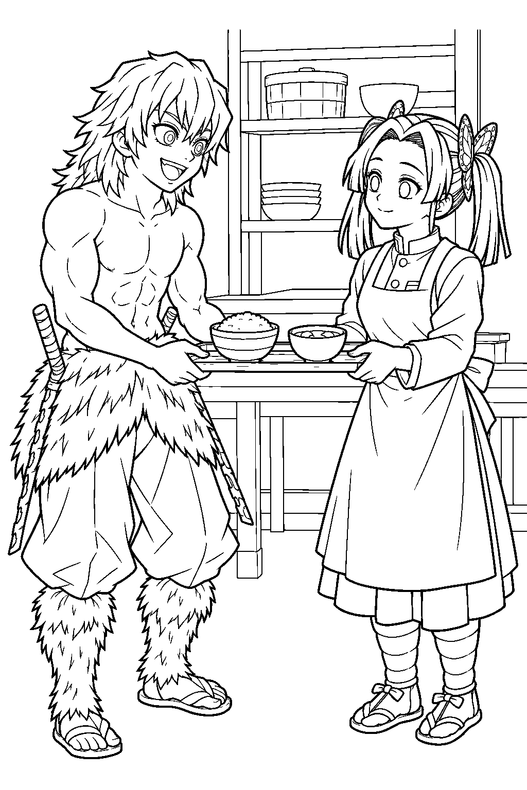 inosuke receiving his own food tray from aoi kanzaki line art