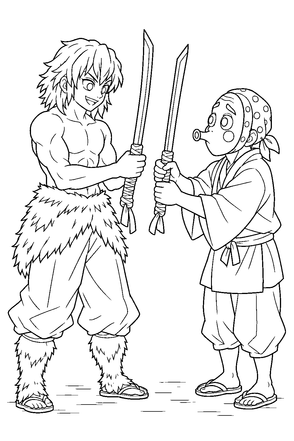 inosuke receiving new nichirin swords from kozo kanamori line art