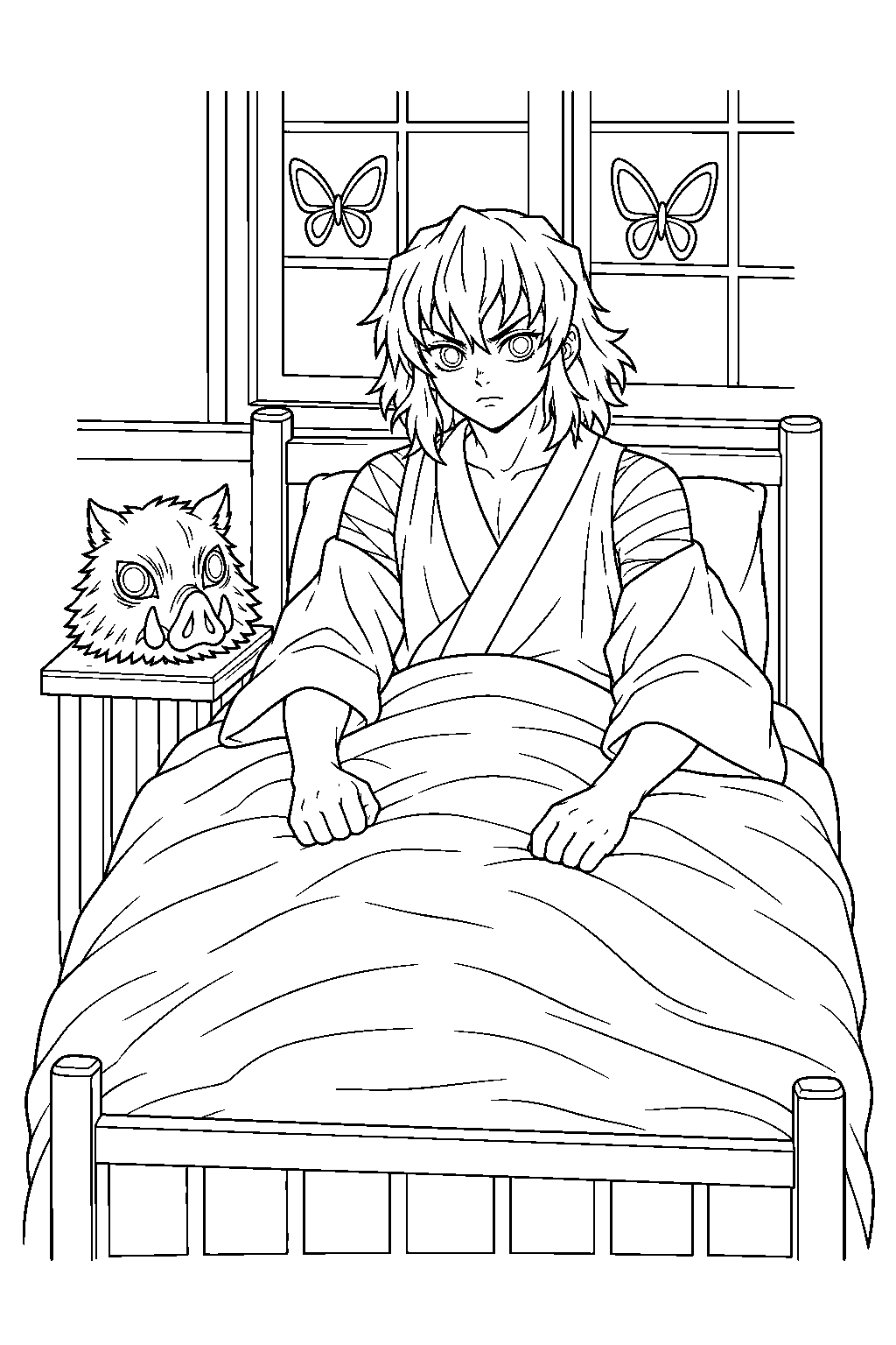 inosuke recovering in a patient robe at the butterfly mansion line art