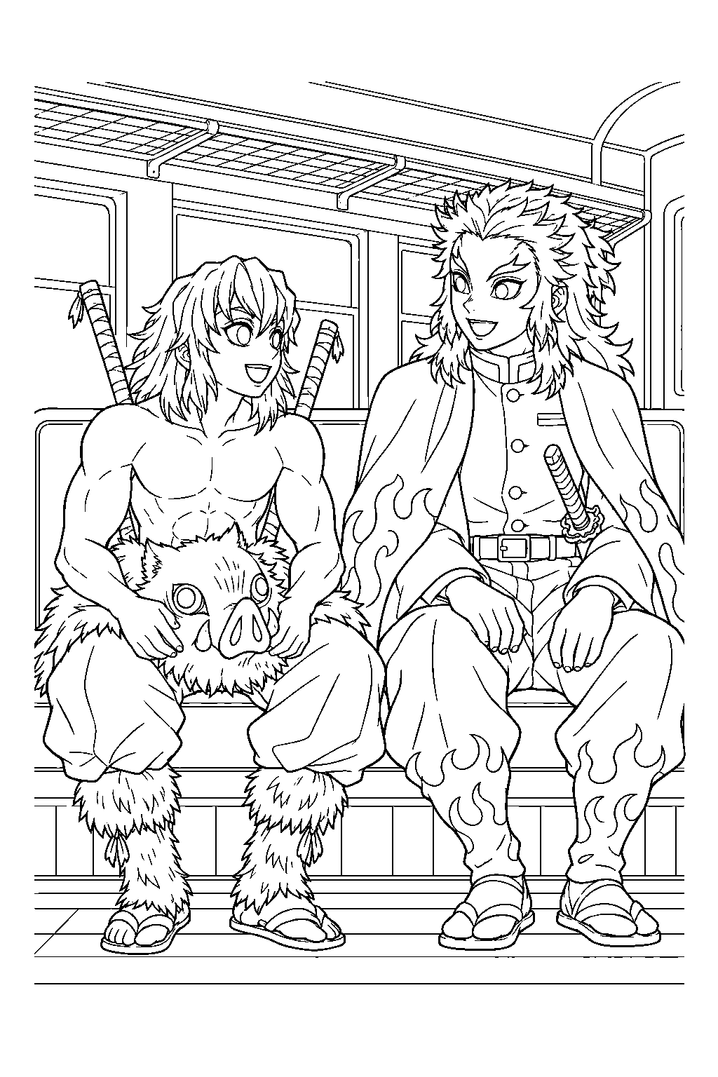 inosuke riding the mugen train beside kyojuro rengoku line art