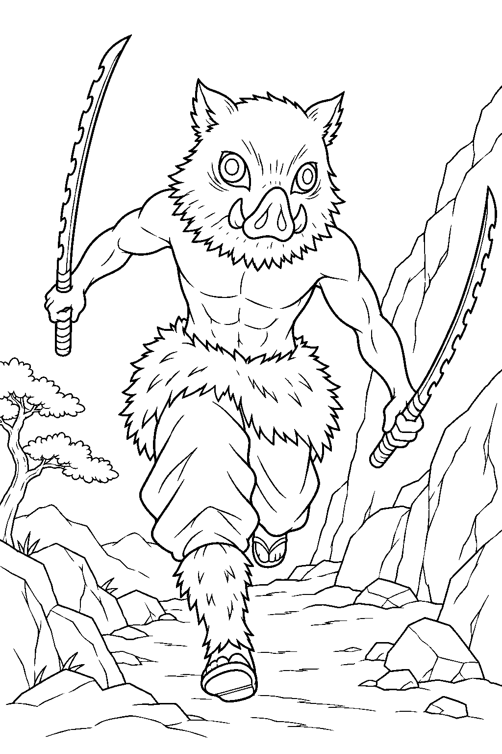inosuke running along a rocky mountain trail line art