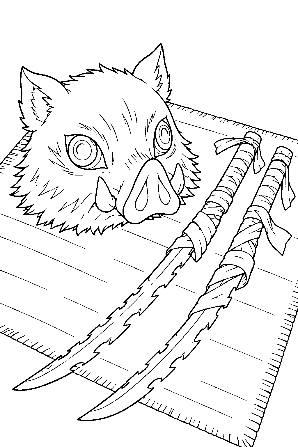 inosuke s boar mask beside his cloth wrapped nichirin swords line art