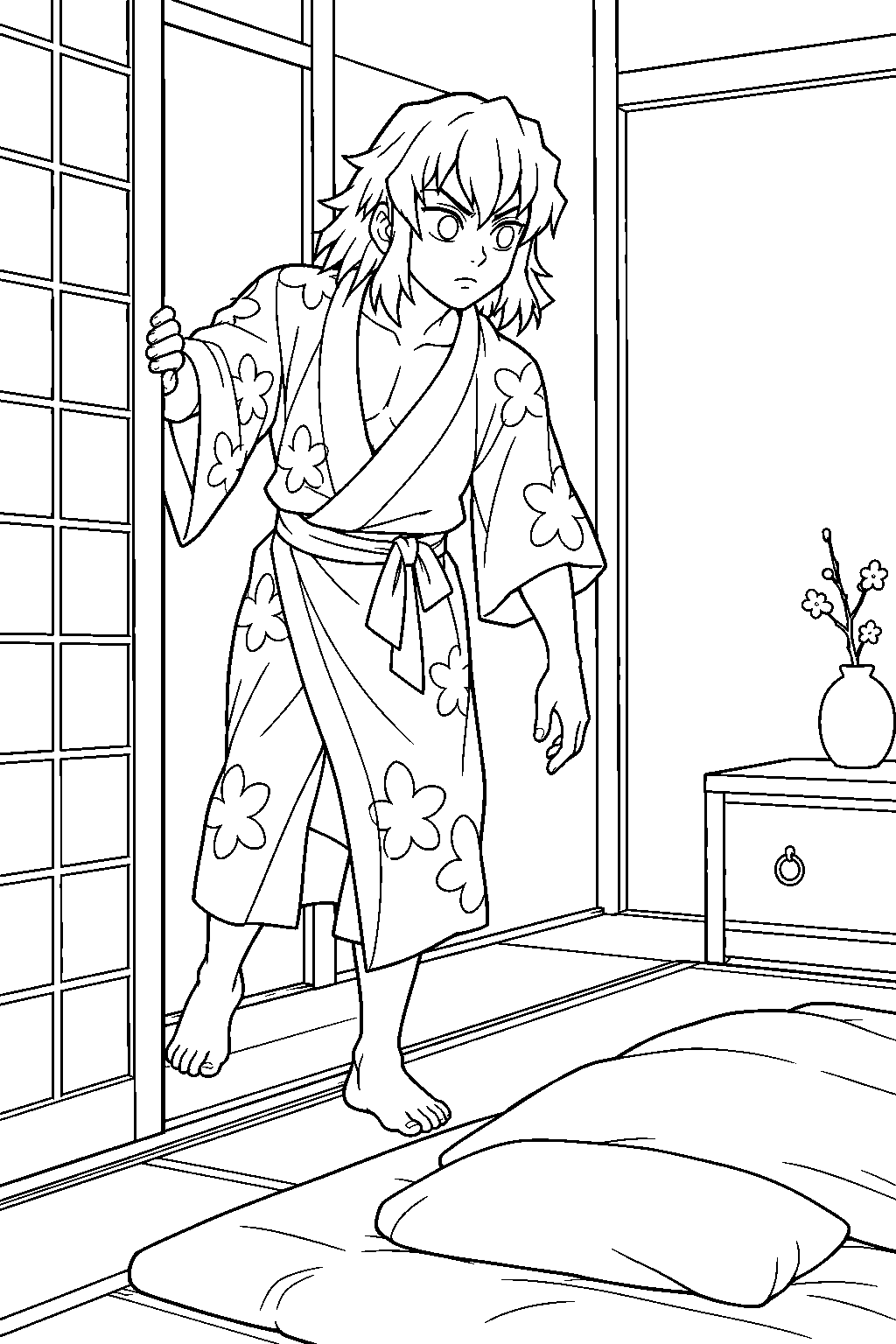inosuke searching makio s room at the ogimoto house line art
