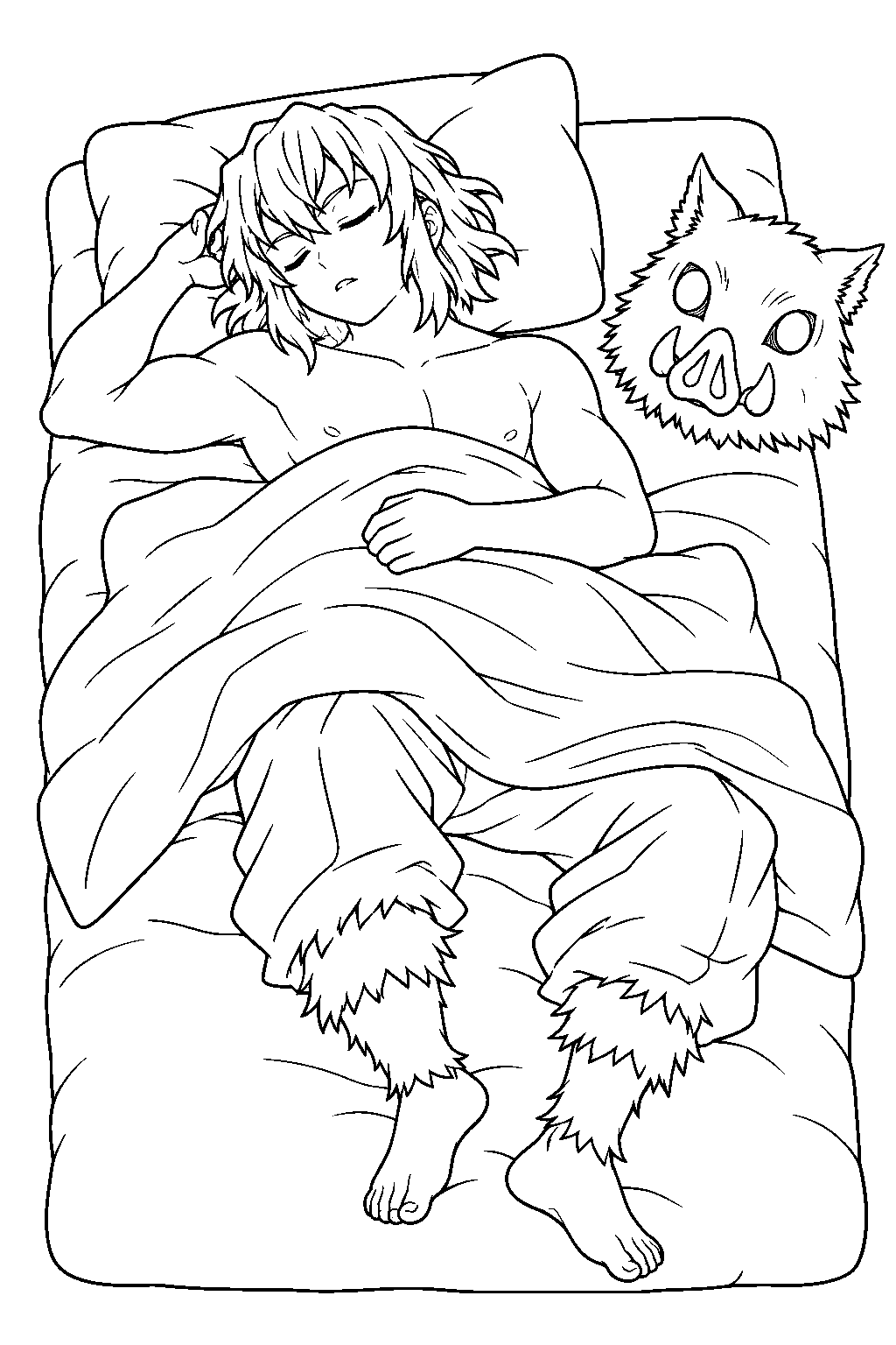 inosuke sleeping on a futon with his boar mask beside him line art