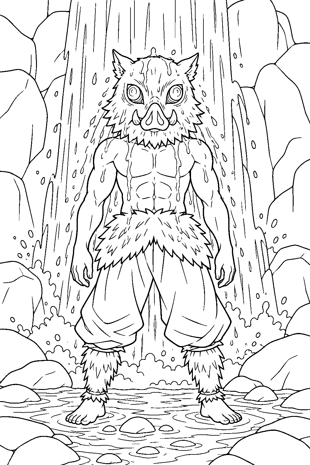 inosuke standing beneath gyomei himejima s training waterfall line art