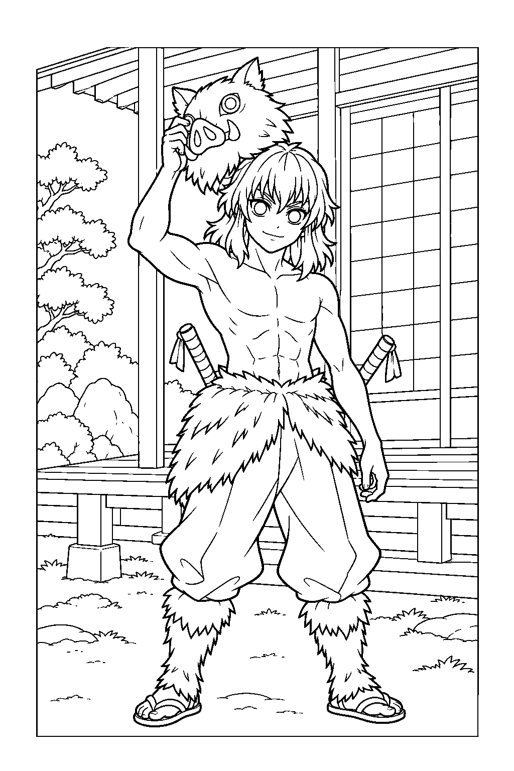 inosuke taking off his boar mask outside the tsuzumi mansion line art