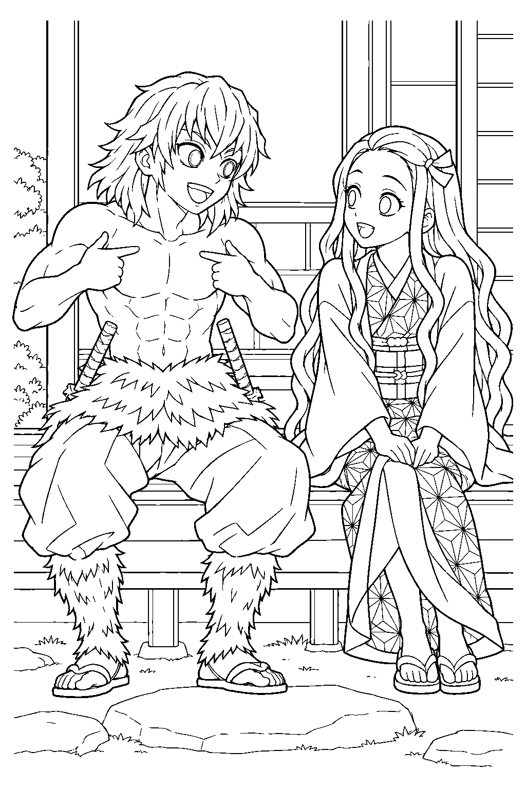 inosuke teaching nezuko his name at the butterfly mansion line art