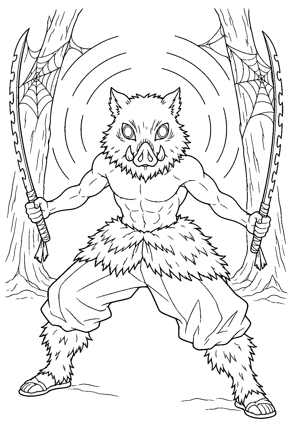 inosuke using beast breathing spatial awareness among spiderweb trees line art
