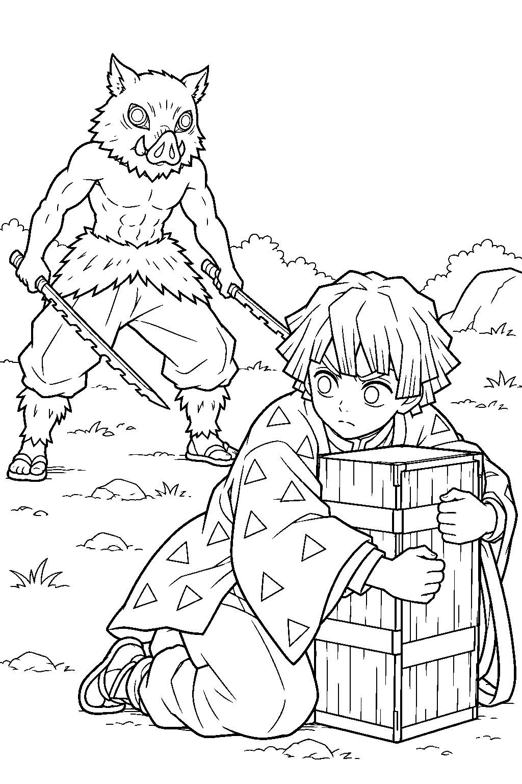 inosuke watching zenitsu protect nezuko s wooden box line art