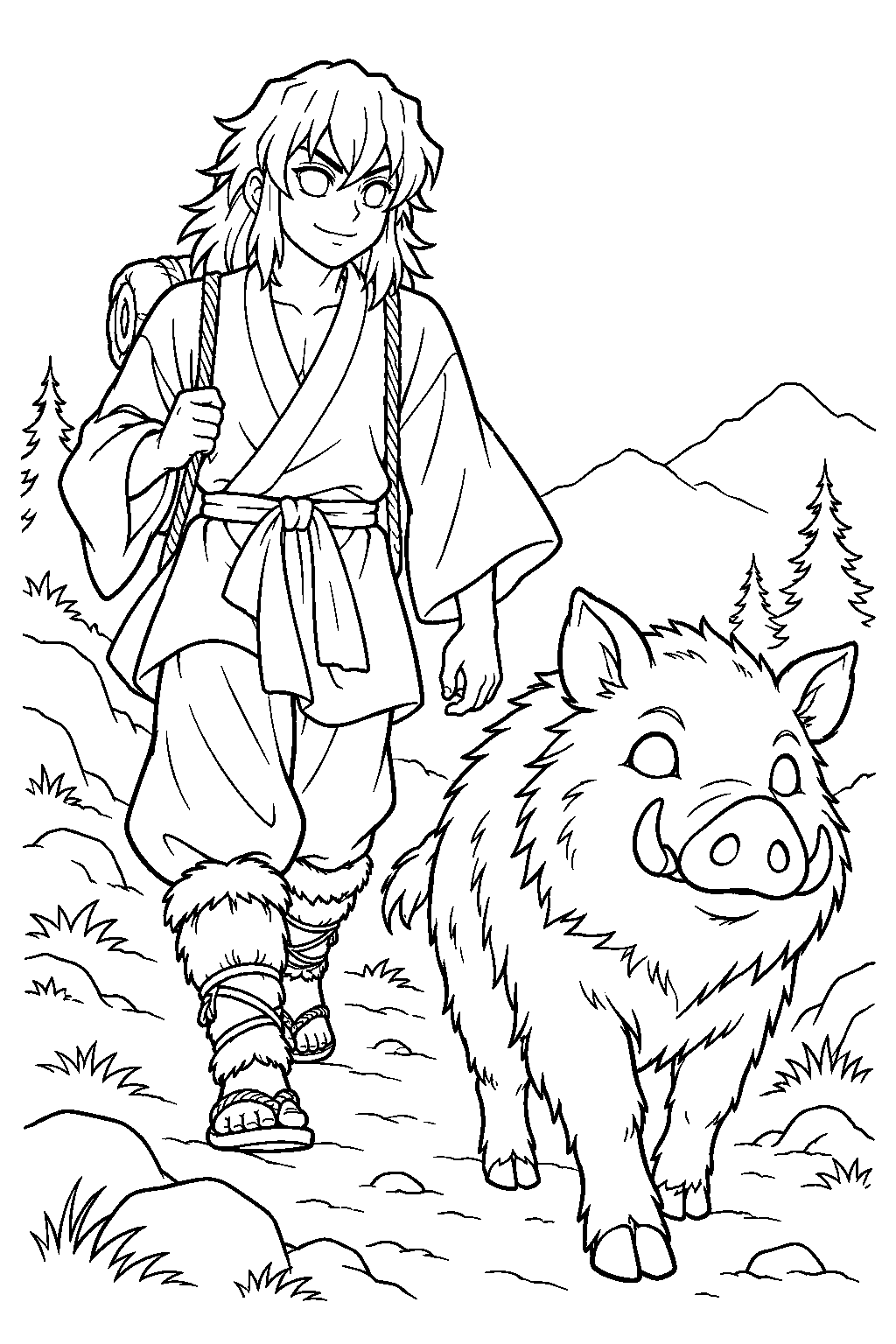 young inosuke following a wild boar through the mountain forest line art