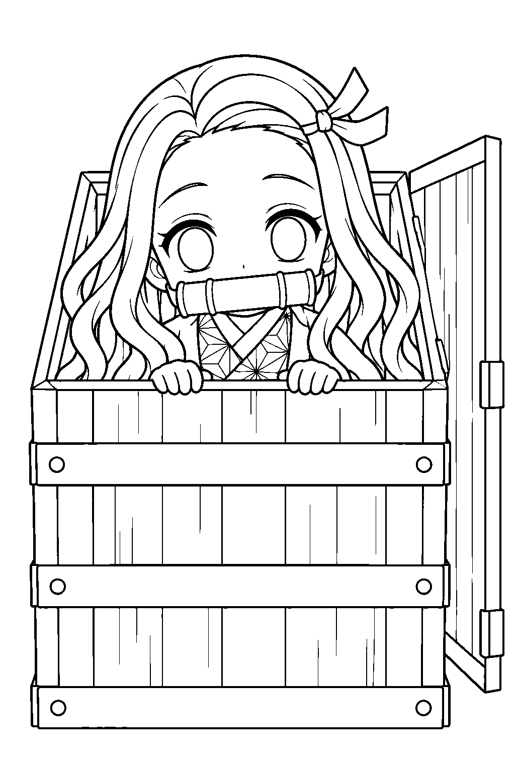 chibi nezuko peeking from tanjiro s wooden box line art