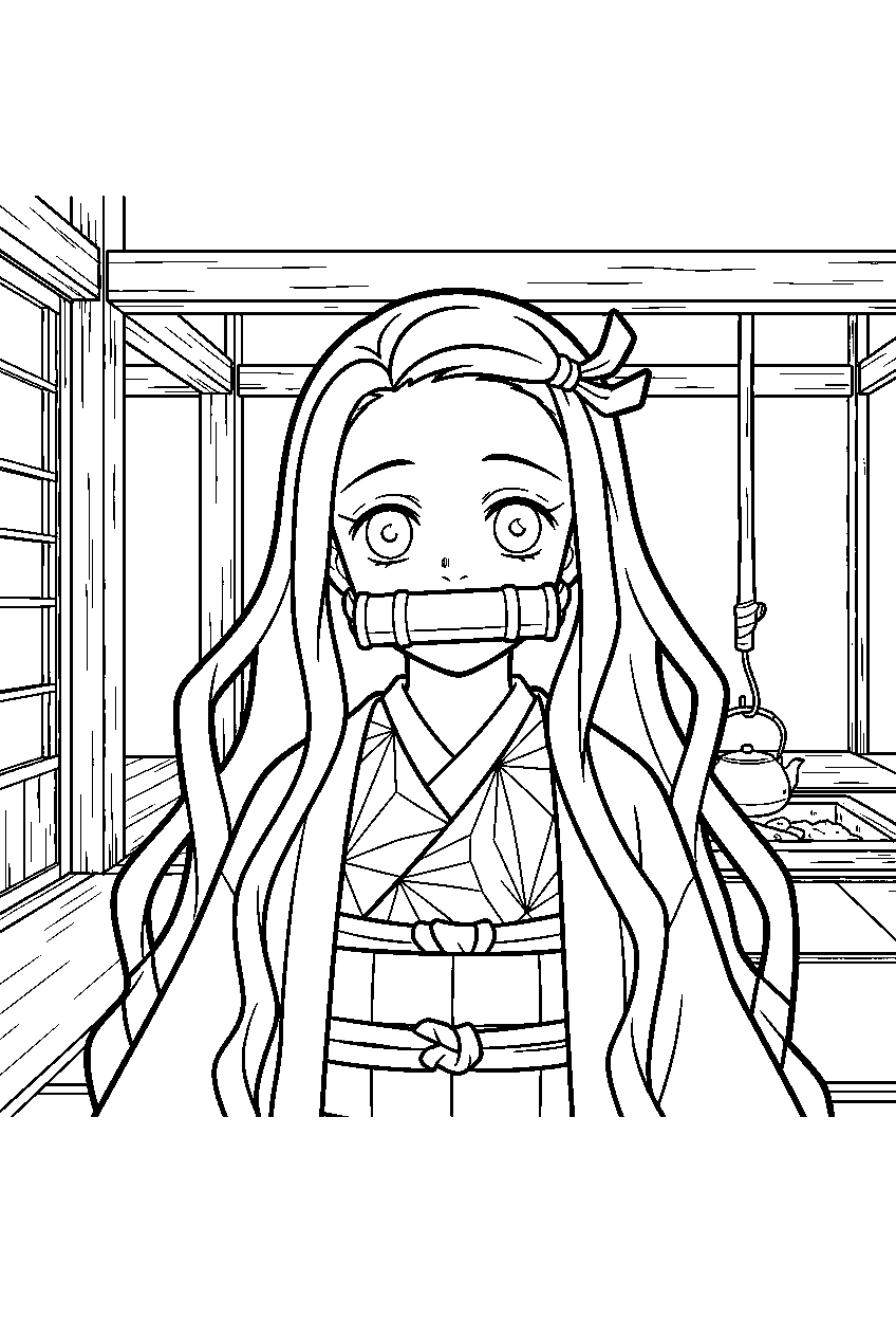 demon slayer nezuko at kamado family house line art