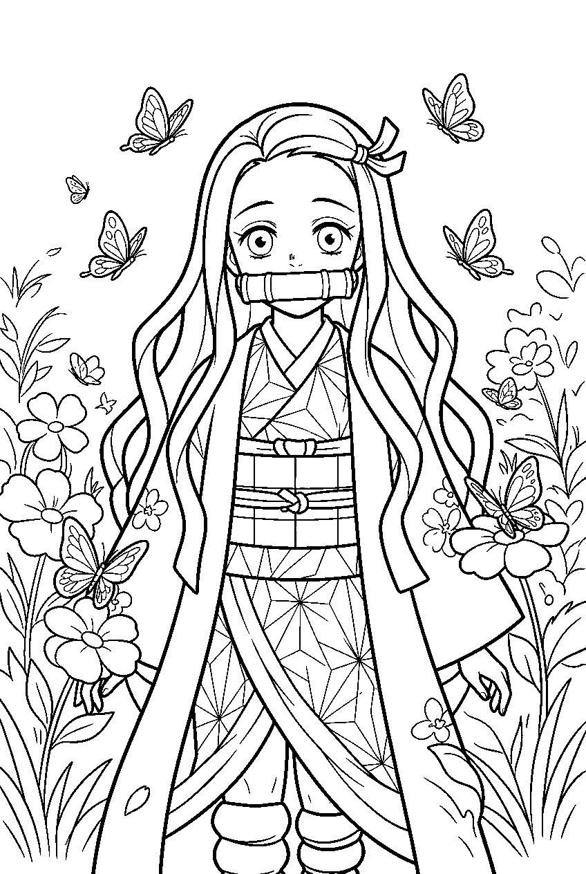 demon slayer nezuko in butterfly garden line art
