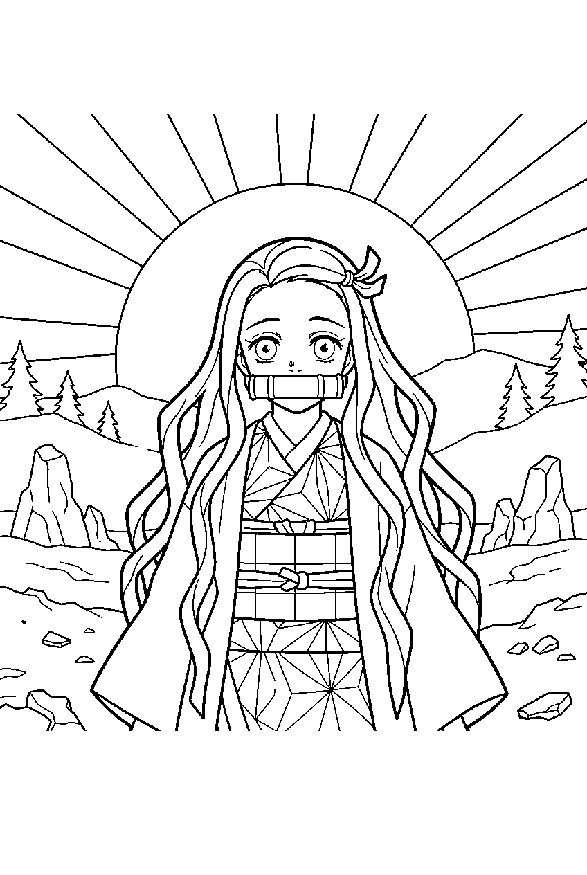 demon slayer nezuko in sunrise battlefield line art