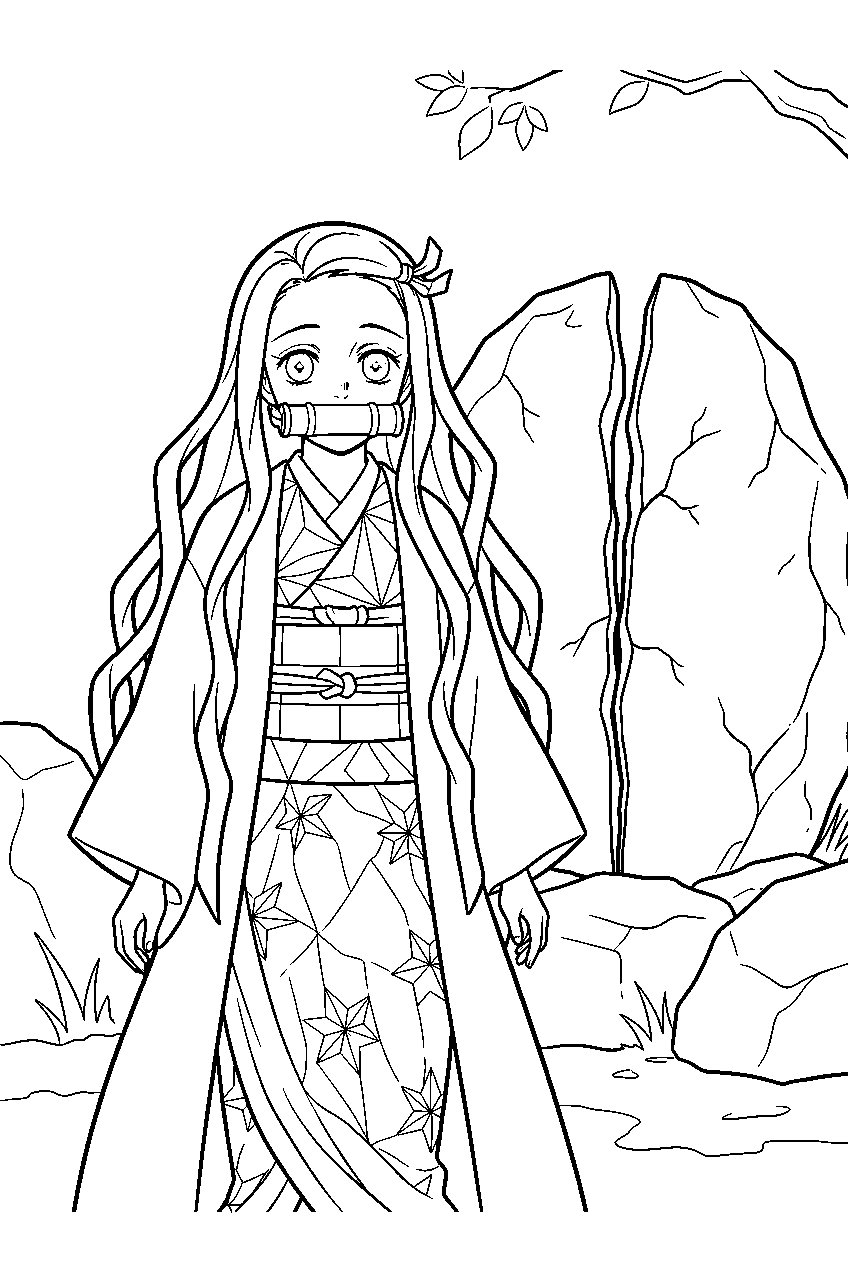 demon slayer nezuko near split boulder line art