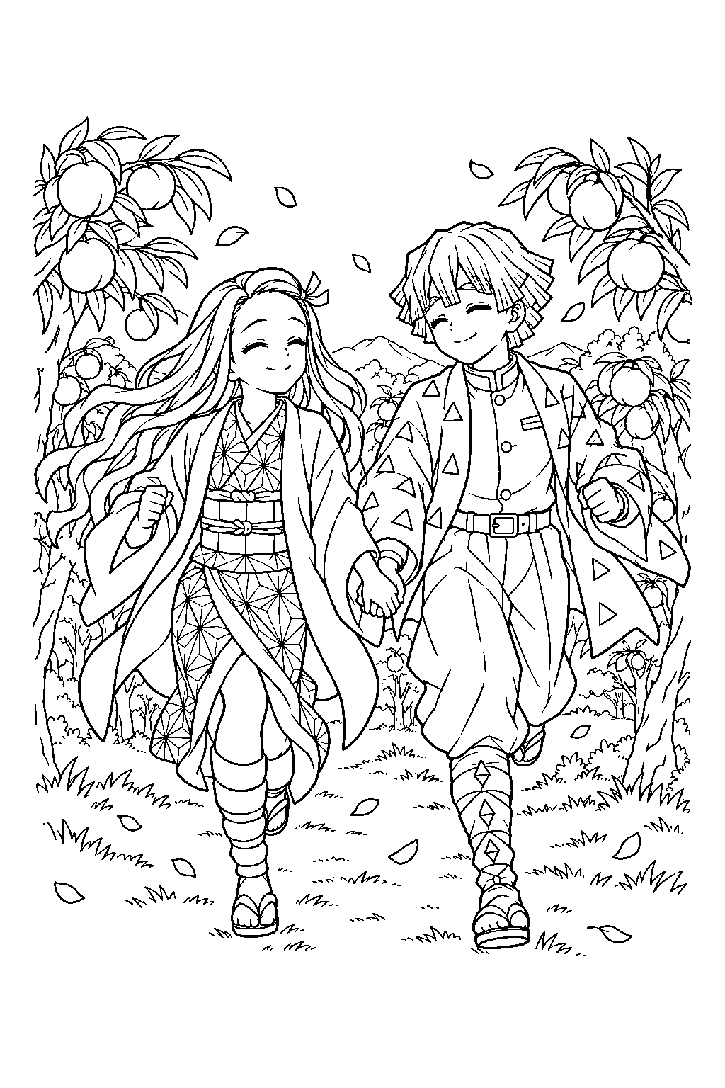 human nezuko and zenitsu running through a peach orchard in his dream line art
